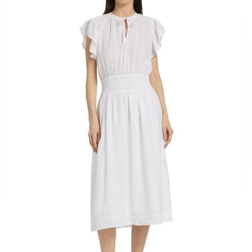 RAILS Iona White Midi Dress with Cap Sleeves and Elastic Waist
